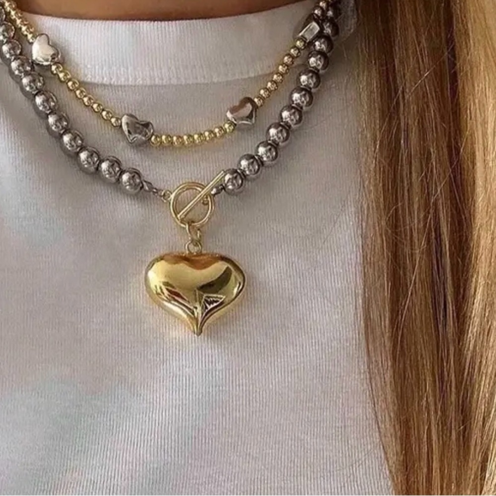 New, Stainless Steel 2 piece set, Gold and Silver Heart Pendant Necklaces